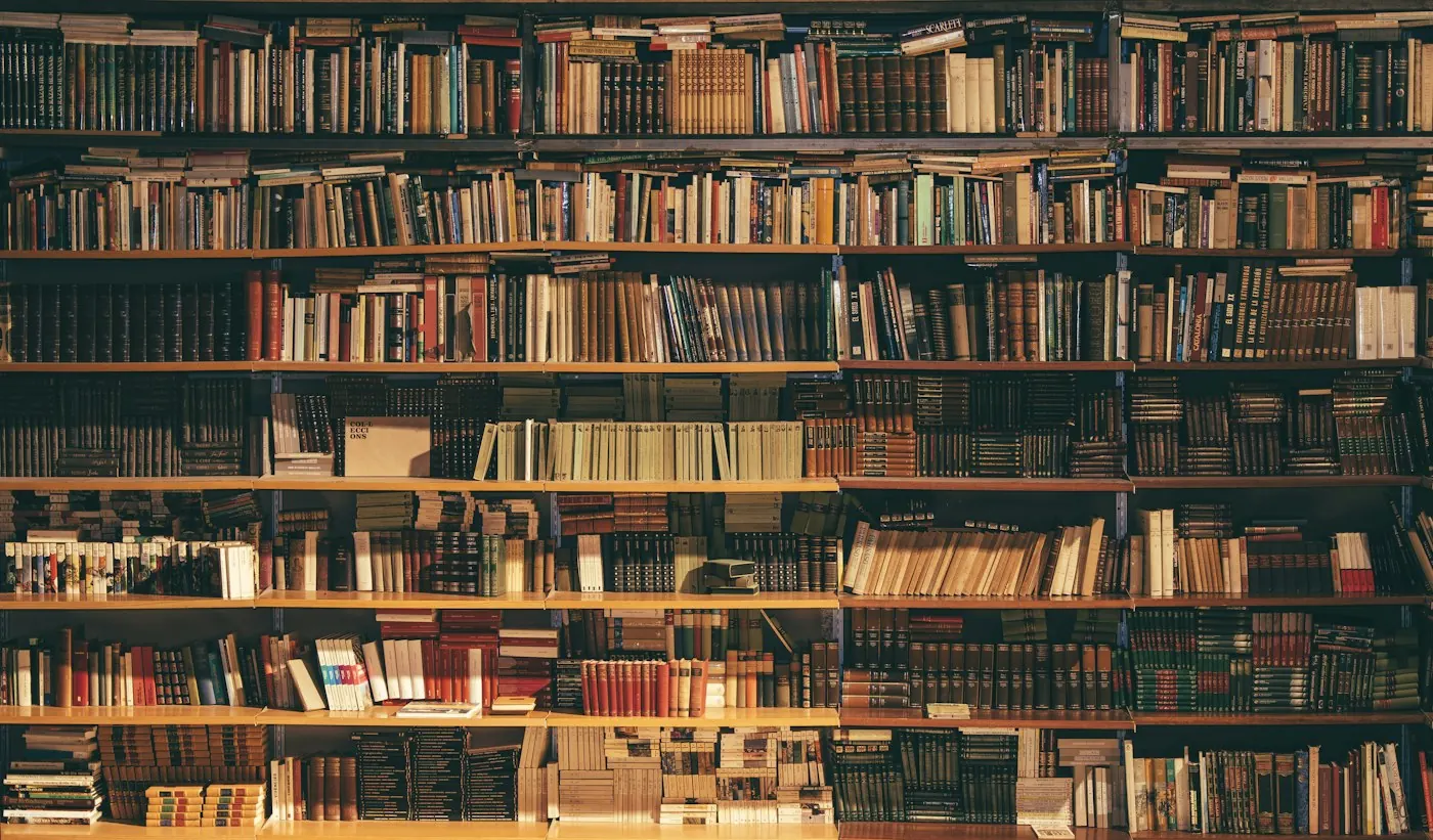 Rows of books in a softly lit library